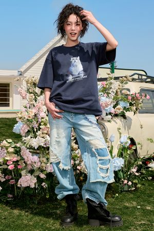 Trendy Cat Print Short Sleeve T-Shirt for Couples, American Vintage Loose Fit, Unisex Summer Style 2025, Y2K Aesthetic