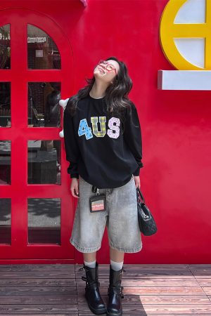 Trendy Couple Long Sleeve T-Shirt, Spring Autumn Plaid Floral Patchwork Embroidered, Loose Fit, Y2K Style