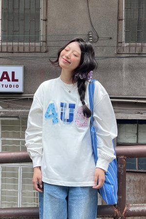 Trendy Couple Long Sleeve T-Shirt, Spring Autumn Plaid Floral Patchwork Embroidered, Loose Fit, Y2K Style