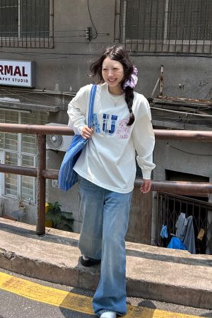 Trendy Couple Long Sleeve T-Shirt, Spring Autumn Plaid Floral Patchwork Embroidered, Loose Fit, Y2K Style