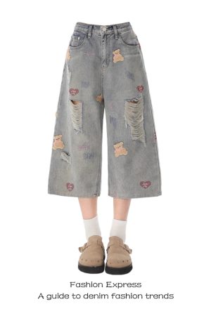 Trendy Cropped Ripped Denim Pants for Women, Hip Hop Style with Bear Embroidery, Summer 2025 Loose Fit Fashion