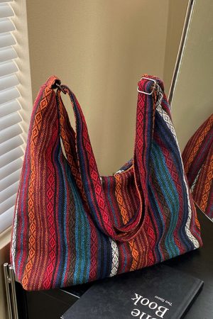 Trendy Ethnic Style Canvas Shoulder Bag for Women - Large Capacity Crossbody Tote for Commuting and Daily Use, 2025 Fashion