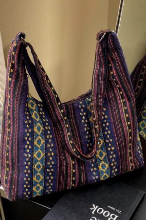 Trendy Ethnic Style Canvas Shoulder Bag for Women - Large Capacity Crossbody Tote for Commuting and Daily Use, 2025 Fashion