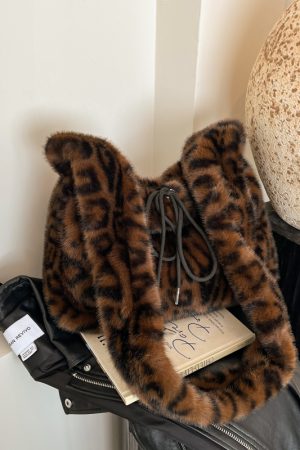 Trendy Leopard Print Fluffy Women's Shoulder Bag, 2025 Summer Large Capacity Tote and Crossbody Bag for Commuting