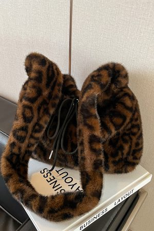 Trendy Leopard Print Fluffy Women's Shoulder Bag, 2025 Summer Large Capacity Tote and Crossbody Bag for Commuting
