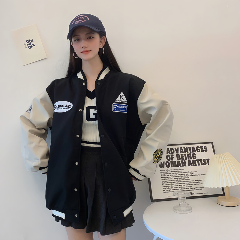 Trendy Loose Casual Baseball Jacket for Women - Spring Versatile Style for Students, Chic Everyday Wear Trendy Loose Casual Baseball Jacket for Women - Spring Versatile Style for Students, Chic Everyday Wear