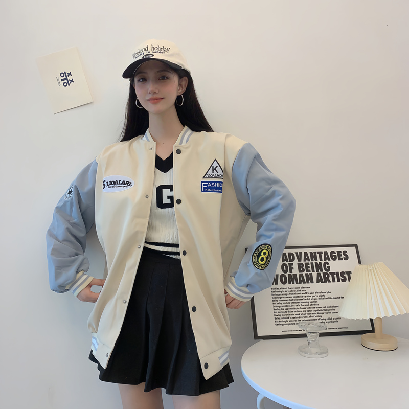 Trendy Loose Casual Baseball Jacket for Women - Spring Versatile Style for Students, Chic Everyday Wear Trendy Loose Casual Baseball Jacket for Women - Spring Versatile Style for Students, Chic Everyday Wear