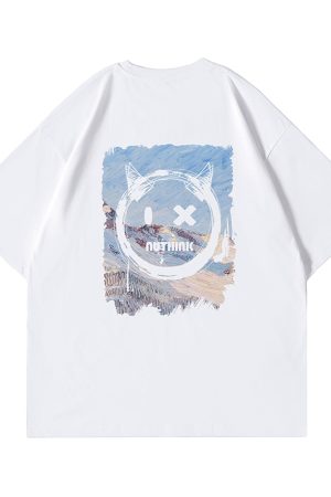 Trendy Loose Oversized Smiley Face Short Sleeve T-shirt for Men - Plus Size Summer Fashion, Niche National Trend