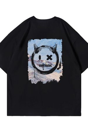 Trendy Loose Oversized Smiley Face Short Sleeve T-shirt for Men - Plus Size Summer Fashion, Niche National Trend