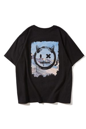 Trendy Loose Oversized Smiley Face Short Sleeve T-shirt for Men - Plus Size Summer Fashion, Niche National Trend