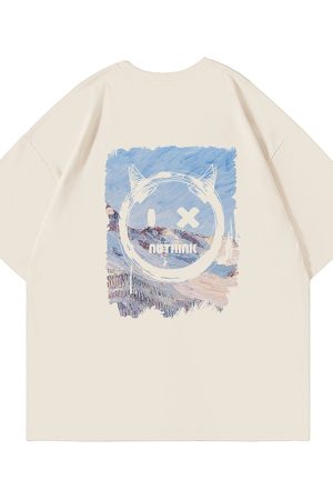 Trendy Loose Oversized Smiley Face Short Sleeve T-shirt for Men - Plus Size Summer Fashion, Niche National Trend