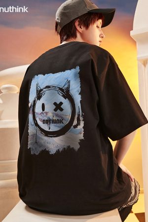 Trendy Loose Oversized Smiley Face Short Sleeve T-shirt for Men - Plus Size Summer Fashion, Niche National Trend