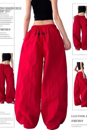 Trendy Red Women's Street Jazz Dance Cargo Pants with Embroidery and Drawstring - Casual Style for 2023