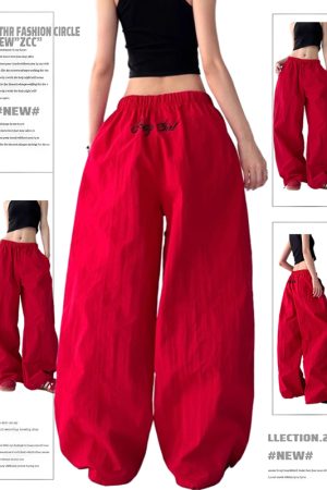 Trendy Red Women's Street Jazz Dance Cargo Pants with Embroidery and Drawstring - Casual Style for 2023