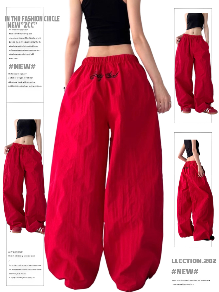 Trendy Red Women's Street Jazz Dance Cargo Pants with Embroidery and Drawstring - Casual Style for 2023 Trendy Red Women's Street Jazz Dance Cargo Pants with Embroidery and Drawstring - Casual Style for 2023