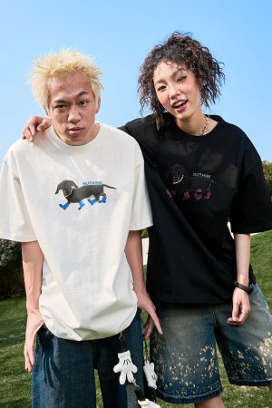 Trendy Sausage Dog Short Sleeve T-Shirt for Couples - American Vintage Loose Fit, Unisex, Summer 2025 Style, Perfect for 90s & Y2K Lovers