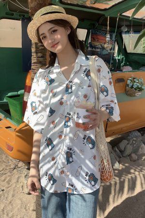 Trendy Short Sleeve Floral Shirt for Women - Hawaiian Beach Style Loose Blouse, 2025 Fashion, Perfect for Summer and Y2K Vibes