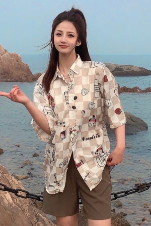 Trendy Short Sleeve Floral Shirt for Women - Hawaiian Beach Style Loose Blouse, 2025 Fashion, Perfect for Summer and Y2K Vibes