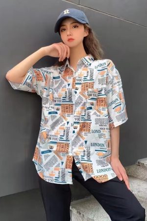 Trendy Short Sleeve Floral Shirt for Women - Hawaiian Beach Style Loose Blouse, 2025 Fashion, Perfect for Summer and Y2K Vibes