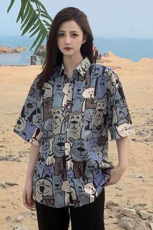 Trendy Short Sleeve Floral Shirt for Women - Hawaiian Beach Style Loose Blouse, 2025 Fashion, Perfect for Summer and Y2K Vibes