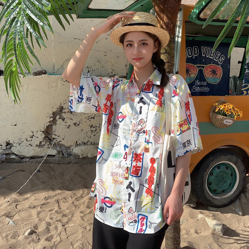 Trendy Short Sleeve Floral Shirt for Women - Hawaiian Beach Style Loose Blouse, 2025 Fashion, Perfect for Summer and Y2K Vibes Trendy Short Sleeve Floral Shirt for Women - Hawaiian Beach Style Loose Blouse, 2025 Fashion, Perfect for Summer and Y2K Vibes