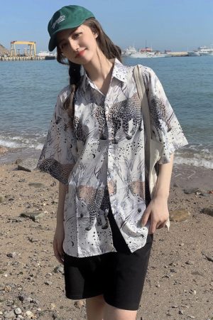 Trendy Short Sleeve Floral Shirt for Women - Hawaiian Beach Style Loose Blouse, 2025 Fashion, Perfect for Summer and Y2K Vibes