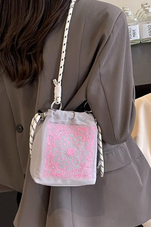 Trendy Summer 2025 Embroidered Khaki Bucket Bag for Women, Nylon Crossbody Phone Bag, Y2K Style