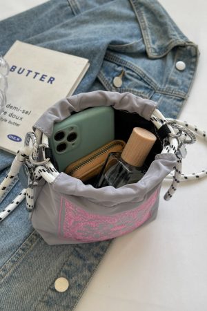 Trendy Summer 2025 Embroidered Khaki Bucket Bag for Women, Nylon Crossbody Phone Bag, Y2K Style