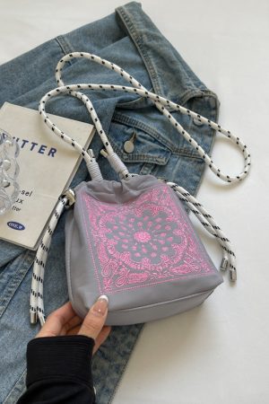 Trendy Summer 2025 Embroidered Khaki Bucket Bag for Women, Nylon Crossbody Phone Bag, Y2K Style