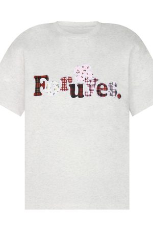 Trendy Unisex Short Sleeve T-Shirt with Plaid Floral Patch Embroidery - Summer Loose Fit Casual Wear