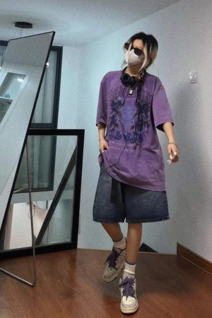 Trendy Vintage Washed Purple T-Shirt for Couples, 2025 Summer Hip-Hop Graffiti Short Sleeve, American Style