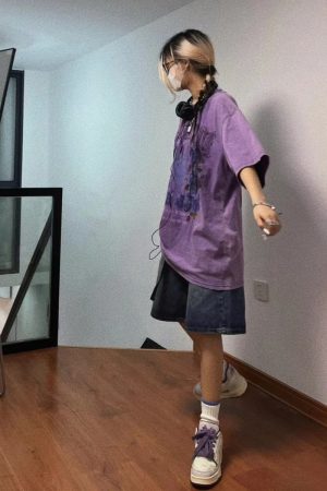 Trendy Vintage Washed Purple T-Shirt for Couples, 2025 Summer Hip-Hop Graffiti Short Sleeve, American Style