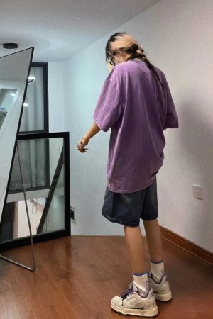 Trendy Vintage Washed Purple T-Shirt for Couples, 2025 Summer Hip-Hop Graffiti Short Sleeve, American Style