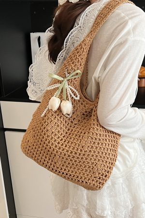Trendy Women's Knitted Beach Tote Bag - Large Capacity Shoulder Bag for Vacation 2025