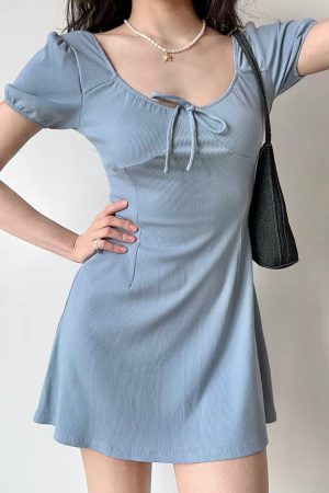 U-neck Puff Sleeve Bow Short Sleeve Dress - Slim A-line Skirt, European American Style, Trendy Women's Fashion, Perfect for Y2K Looks
