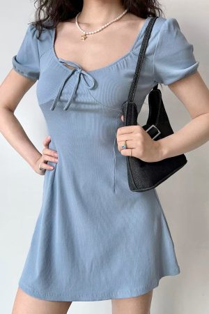U-neck Puff Sleeve Bow Short Sleeve Dress - Slim A-line Skirt, European American Style, Trendy Women's Fashion, Perfect for Y2K Looks