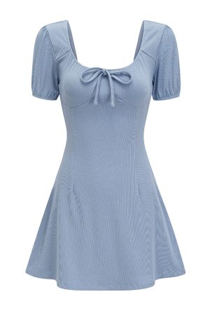 U-neck Puff Sleeve Bow Short Sleeve Dress - Slim A-line Skirt, European American Style, Trendy Women's Fashion, Perfect for Y2K Looks