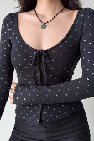 U-neck Tie Bow Rhinestone Long Sleeve Cardigan T-shirt in European American Style for Women - Trendy Y2K Fashion Top