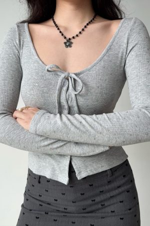 U-neck Tie Bow Rhinestone Long Sleeve Cardigan T-shirt in European American Style for Women - Trendy Y2K Fashion Top