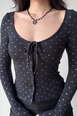 U-neck Tie Bow Rhinestone Long Sleeve Cardigan T-shirt in European American Style for Women - Trendy Y2K Fashion Top