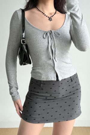 U-neck Tie Bow Rhinestone Long Sleeve Cardigan T-shirt in European American Style for Women - Trendy Y2K Fashion Top