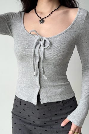 U-neck Tie Bow Rhinestone Long Sleeve Cardigan T-shirt in European American Style for Women - Trendy Y2K Fashion Top