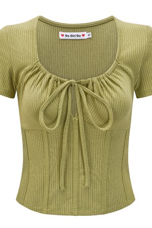 U-Neck Tie Short Sleeve T-Shirt for Women - Fishbone Waist-Cinching Slim Fit - Trendy European American Style