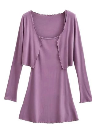 Ultra-Slim Sexy Retro Taro Purple Bodycon Camisole Dress with Wave Cardigan Set - Y2K Style