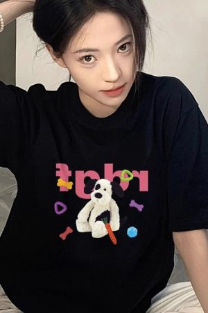 Unisex American Retro Cartoon Dog Pure Cotton Short Sleeve T-Shirt, Plus Size, Loose Fit, Casual Couple Top, Vintage Style