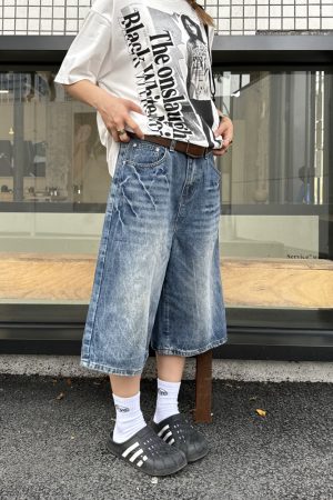 Unisex American Retro Washed Lightning Pattern Loose Fit Seven-Point Denim Shorts - Streetwear Summer Style