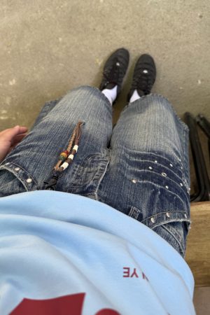 Unisex American-Style Diamond-Inlaid Bamboo Joint Denim Capris - Summer Loose Wide-Leg Shorts for Men and Women