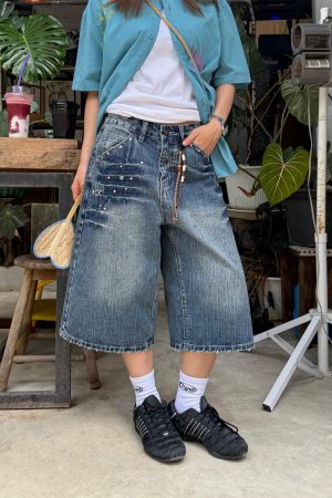 Unisex American-Style Diamond-Inlaid Bamboo Joint Denim Capris - Summer Loose Wide-Leg Shorts for Men and Women