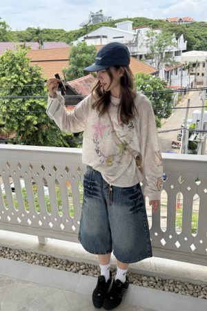 Unisex American-Style Diamond-Inlaid Bamboo Joint Denim Capris - Summer Loose Wide-Leg Shorts for Men and Women