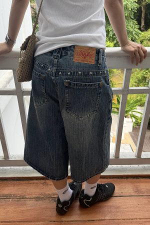 Unisex American-Style Diamond-Inlaid Bamboo Joint Denim Capris - Summer Loose Wide-Leg Shorts for Men and Women
